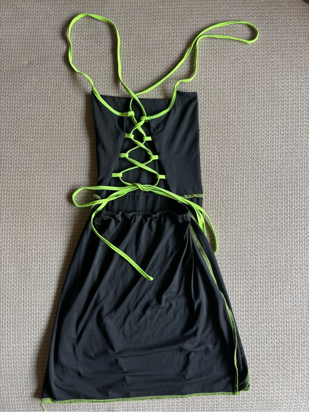 🖤💚 Black Mini Dress with Neon Green Straps and Trim - Picture 1 of 4
